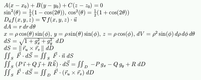 Mathematics 2443 002 Calculus Iv Final Examination Formulas